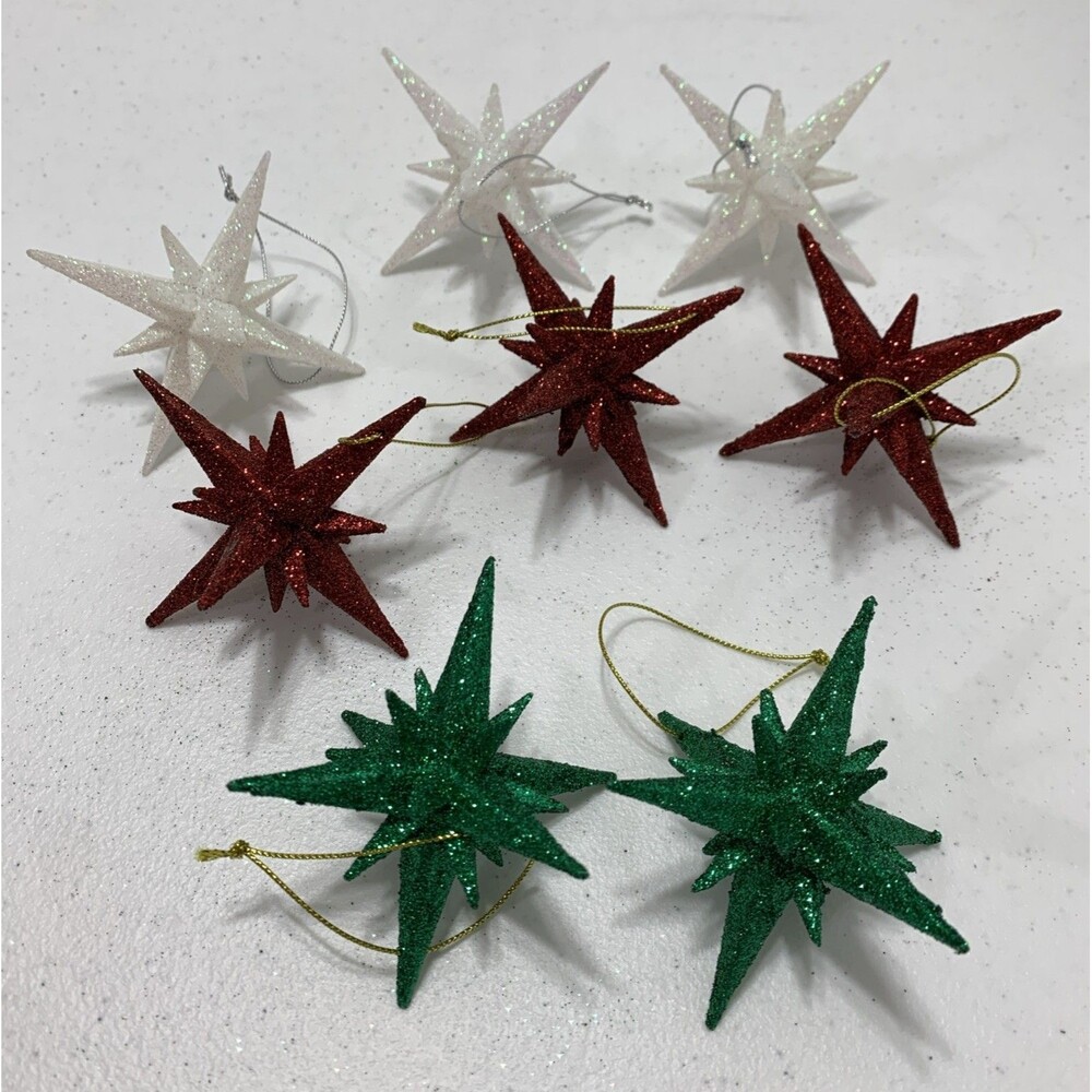 Sputnik Atomic Starburst Ornaments Red Green White Lot Of 8 Christmas Tree